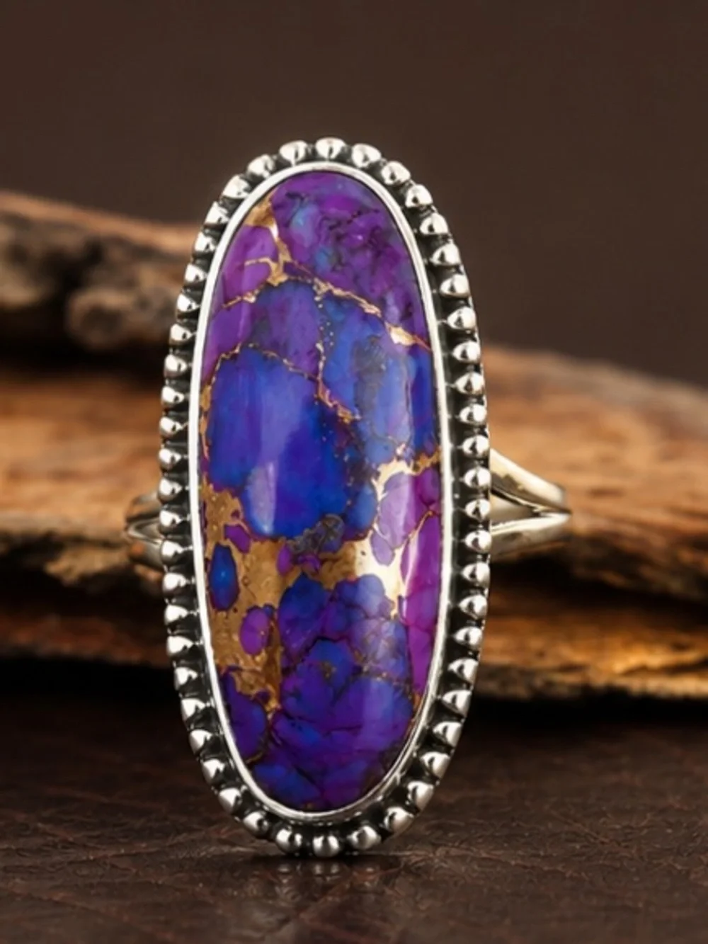 Purple Turquoise Statement Ring Silver Tone Oval Size 6
